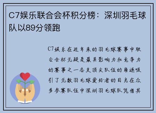 C7娱乐联合会杯积分榜：深圳羽毛球队以89分领跑